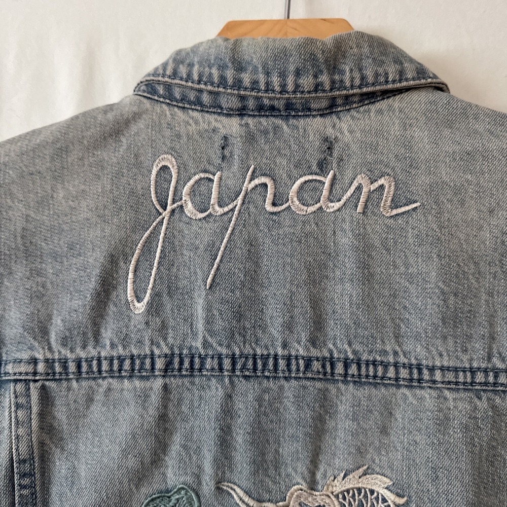 PacSun Jean Jacket M, Embroidered Japan Tiger Dragon Y2K Gorpcore Thrashed Punk - Picture 2 of 16